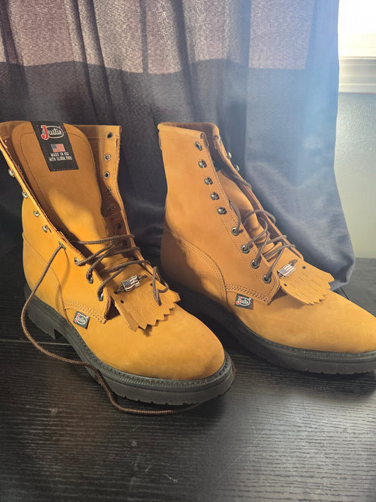 Justin Original Workboots, Size 10.5D, Conductor Hazel Brown Cowhide, 8 Inch Lace up Boots