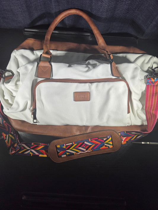 Weekender Bags Women's Canvas Duffle Travel Overnight w/ Shoe Compartment, Beige/Brown CLUCI