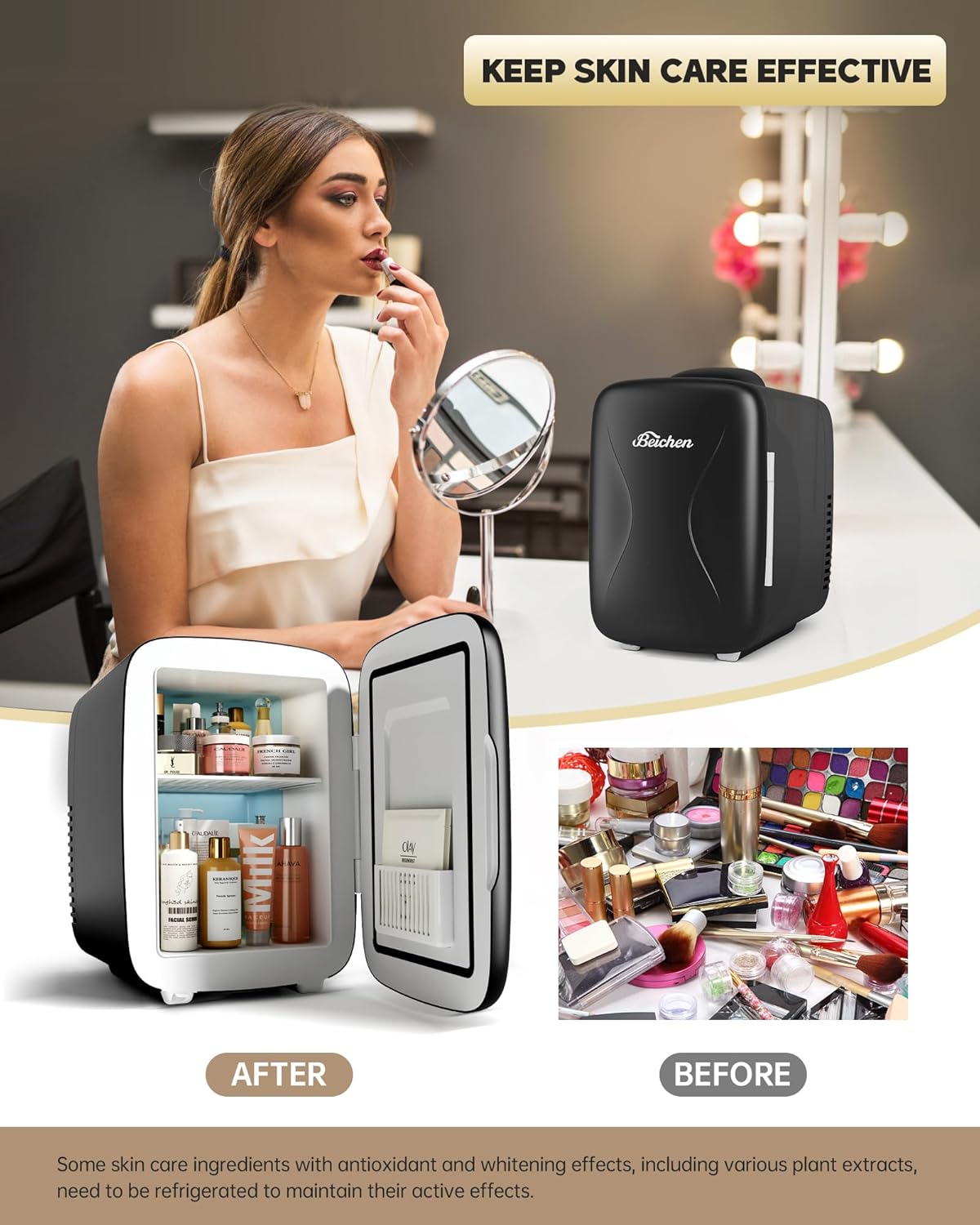 4L/6-Can Mini Fridge for Skincare & Cosmetics, Cooler and Warmer Function, Black, BEICHEN