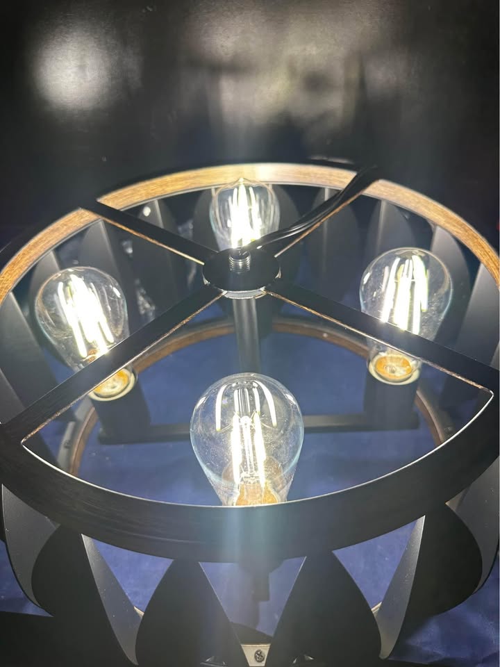 New XINGQI Modern Black Chandelier, Farmhouse 4-Light, Wood Grain, Metal, 15.7", Dining & Living