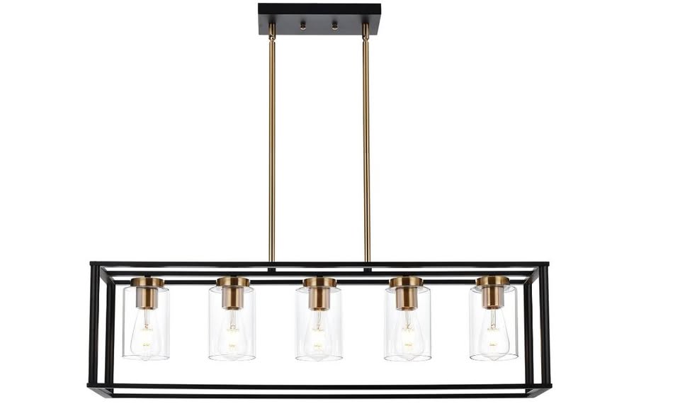 New VINLUZ Farmhouse 5-Light Chandelier, Black/Brass, Clear Glass, for Kitchen Island & Dining Room