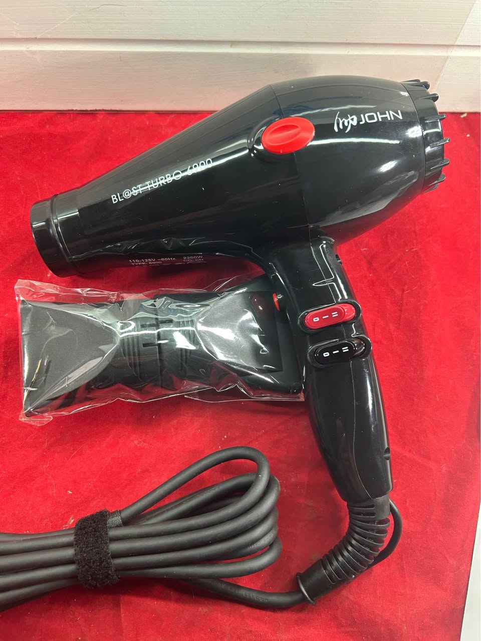 Super Fast Drying Ionic Hair Dryer, 2200W Pro Salon, Blast Turbo 6900, 2 Nozzles, Black, JOHN