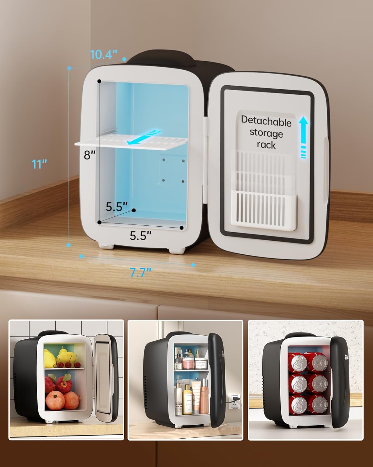4L/6-Can Mini Fridge for Skincare & Cosmetics, Cooler and Warmer Function, Black, BEICHEN