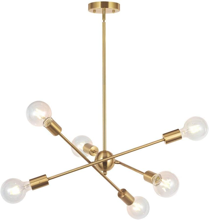 New BONLICHT Modern Sputnik Chandelier 6 Lights, Brushed Brass, Gold, for Kitchen/Dining/Hallway