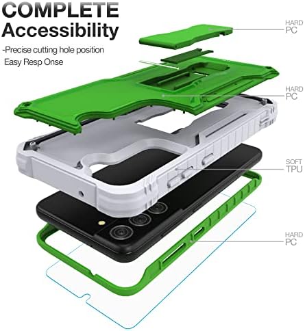 Samsung S21 FE Case, Dual Layer Shockproof, Built-in Kickstand, Screen Protector, Green, FITO