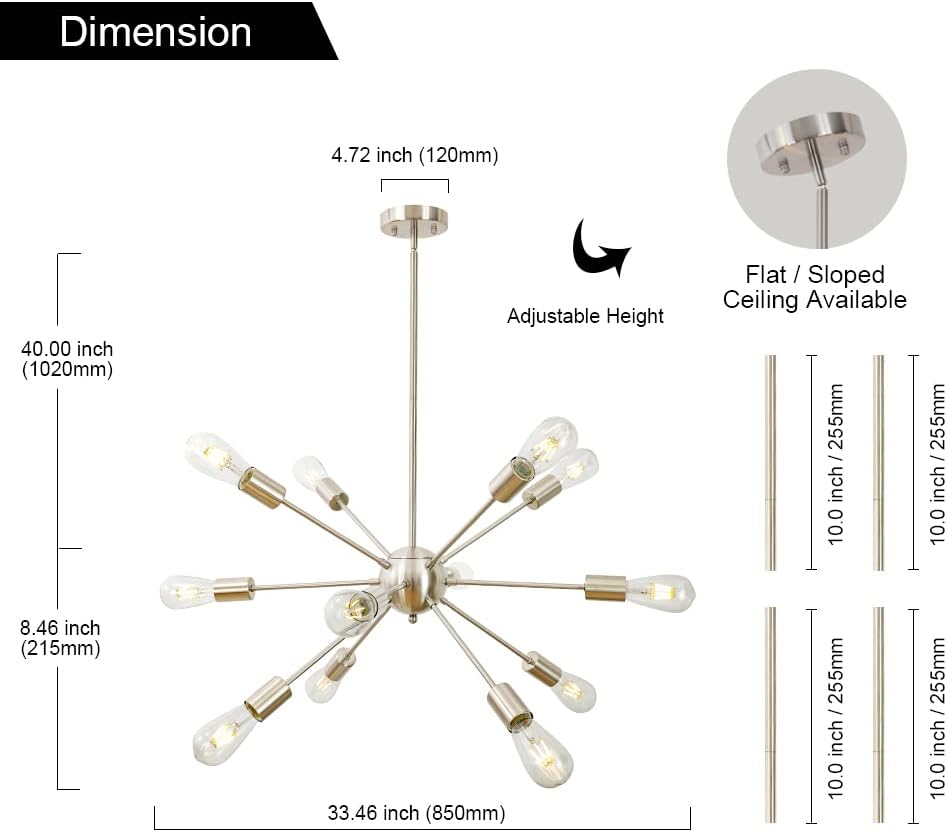 NEW Bonlicht Sputnik Chandelier 12 Lights Brushed Nickel Modern Pendant Lighting 12SN