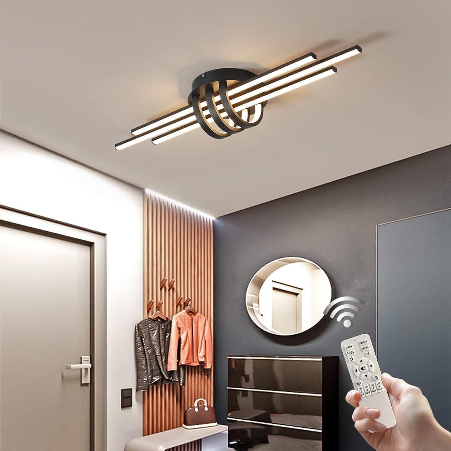 Garwarm 40W Dimmable LED Ceiling Light, Semi Flush Mount, Geometric Black Chandelier, Remote