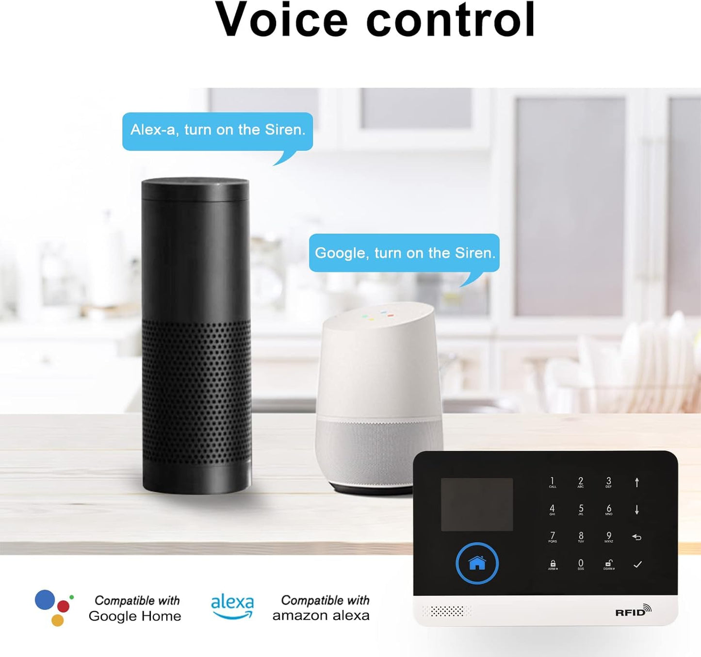 WiFi Home Alarm Security System, Wireless LCD Display, 10 Pieces, Voice Control Alexa & Google