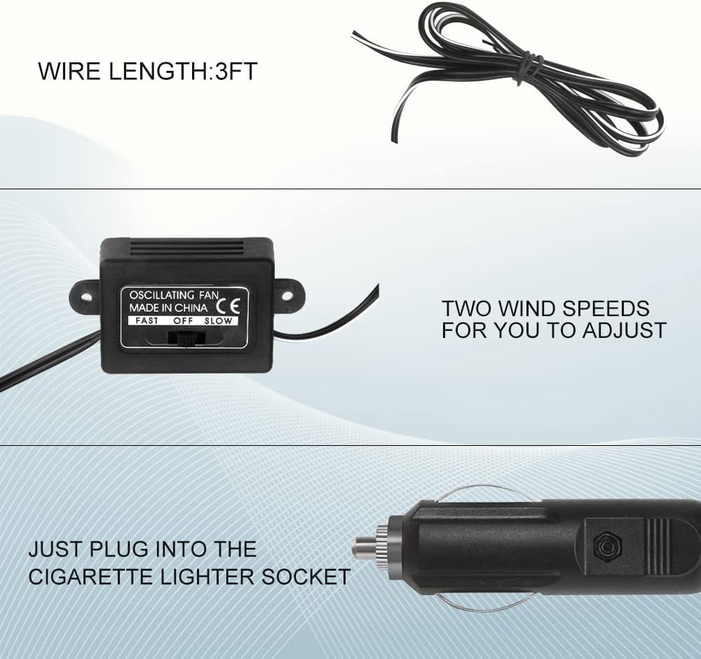 6" Portable 12V Oscillating Clip Fan, 360° Cooling, Cigarette Lighter Plug, Truck/RV/Car, 5FT