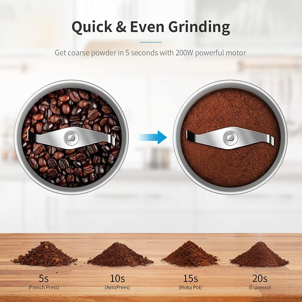 Electric Coffee Bean & Spice Grinder with Removable Bowl, Stainless Steel Blade, Silver, SHARDOR