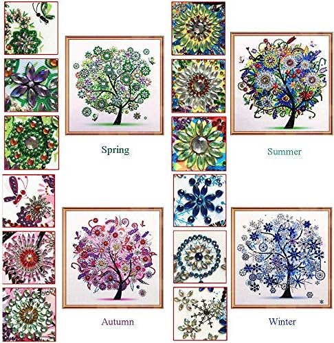 DIY 5D Diamond Painting Kits, Rhinestone Crystals, Four Season Life Trees, Home Decor, Pack of 4