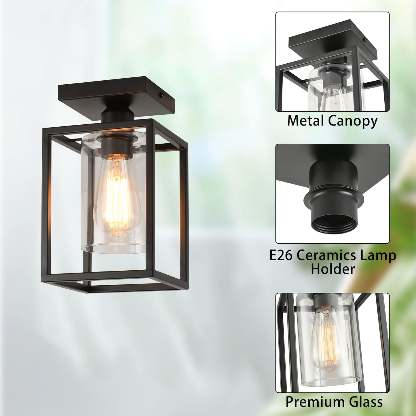 Farmhouse Semi Flush Mount Ceiling Light with Black Metal Frame & Clear Glass Shade, IHENGYANLT