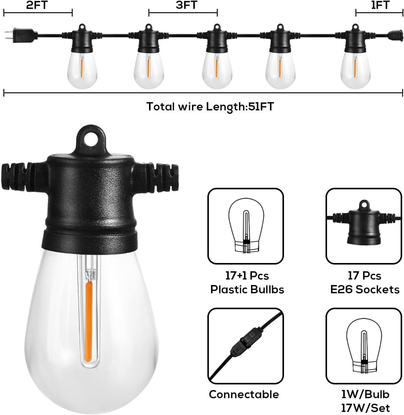 51FT Outdoor String Lights, 18 Shatterproof LED Bulbs, Waterproof Patio Lights, Black, Banord