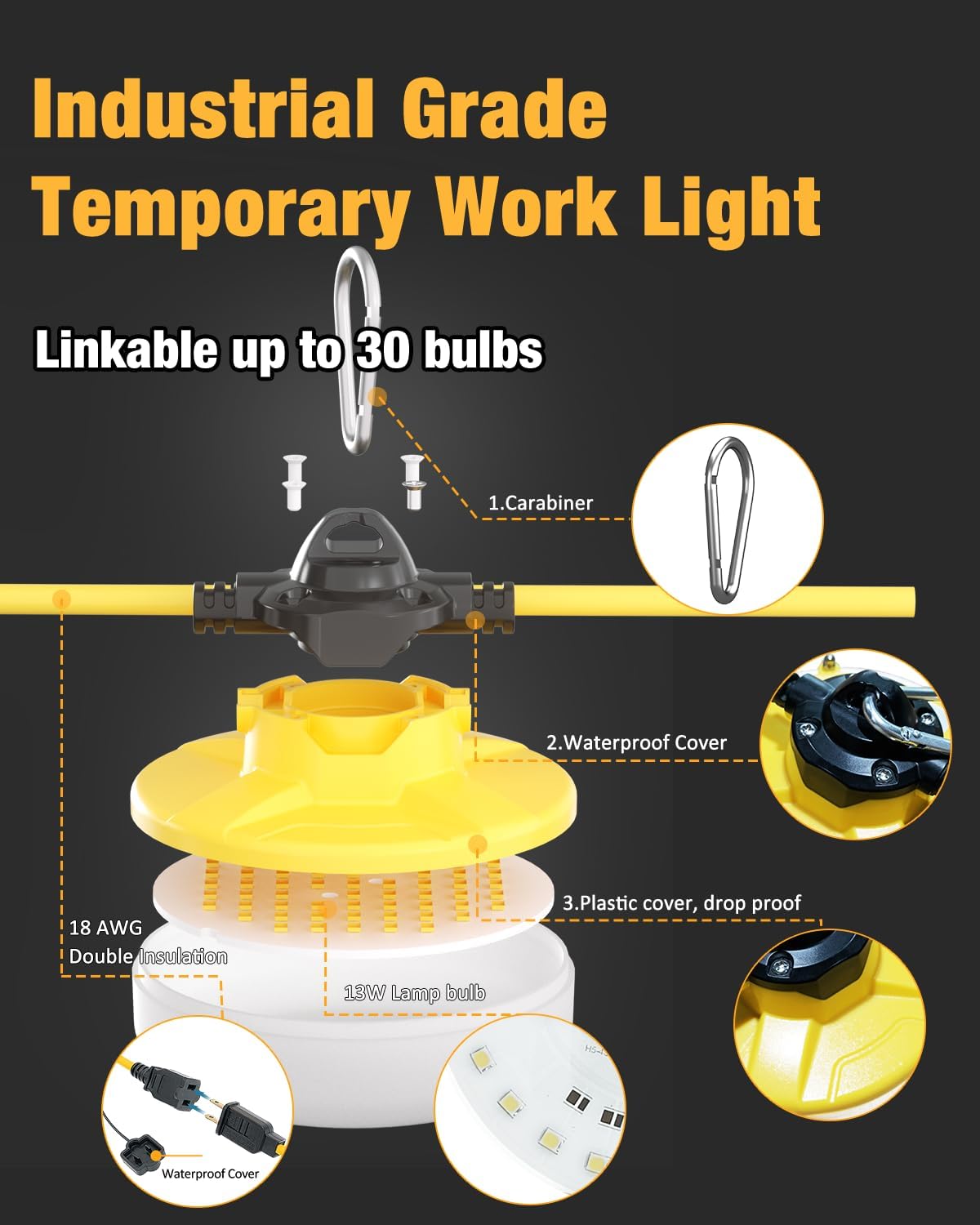 LED Construction String Lights, 100FT, 16000Lm, Industrial Grade, 10 Bulbs, 5000K, JC-LGL