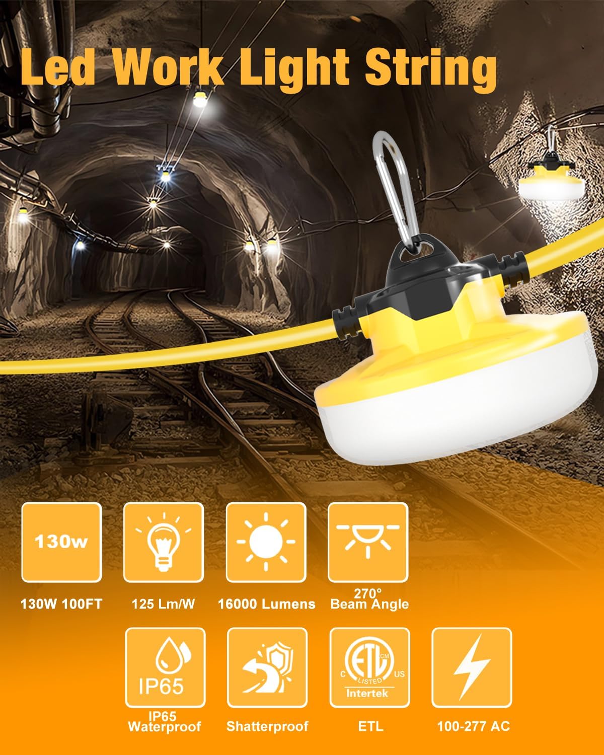 LED Construction String Lights, 100FT, 16000Lm, Industrial Grade, 10 Bulbs, 5000K, JC-LGL