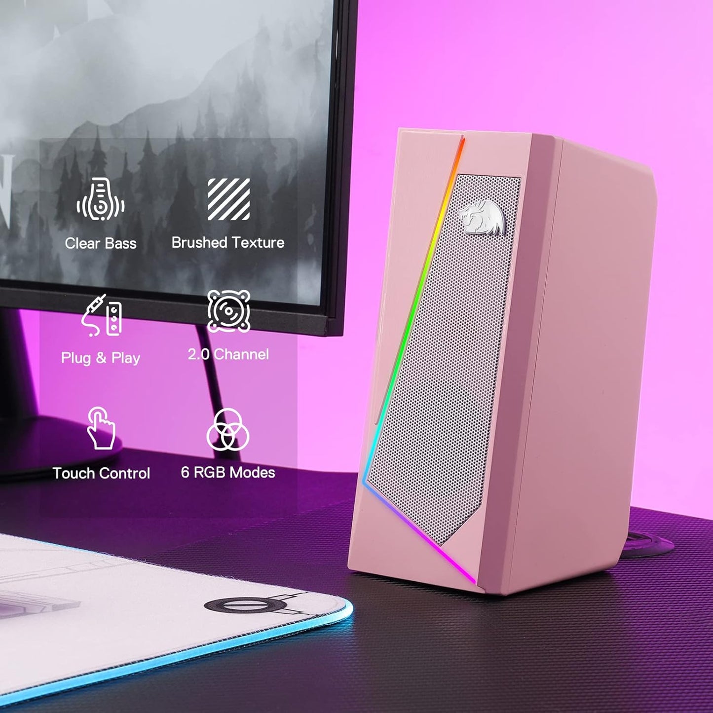 RGB PC Gaming Speakers w/ 6 LED Modes, USB Powered & 3.5mm Jack, Pink, GS520, Redragon