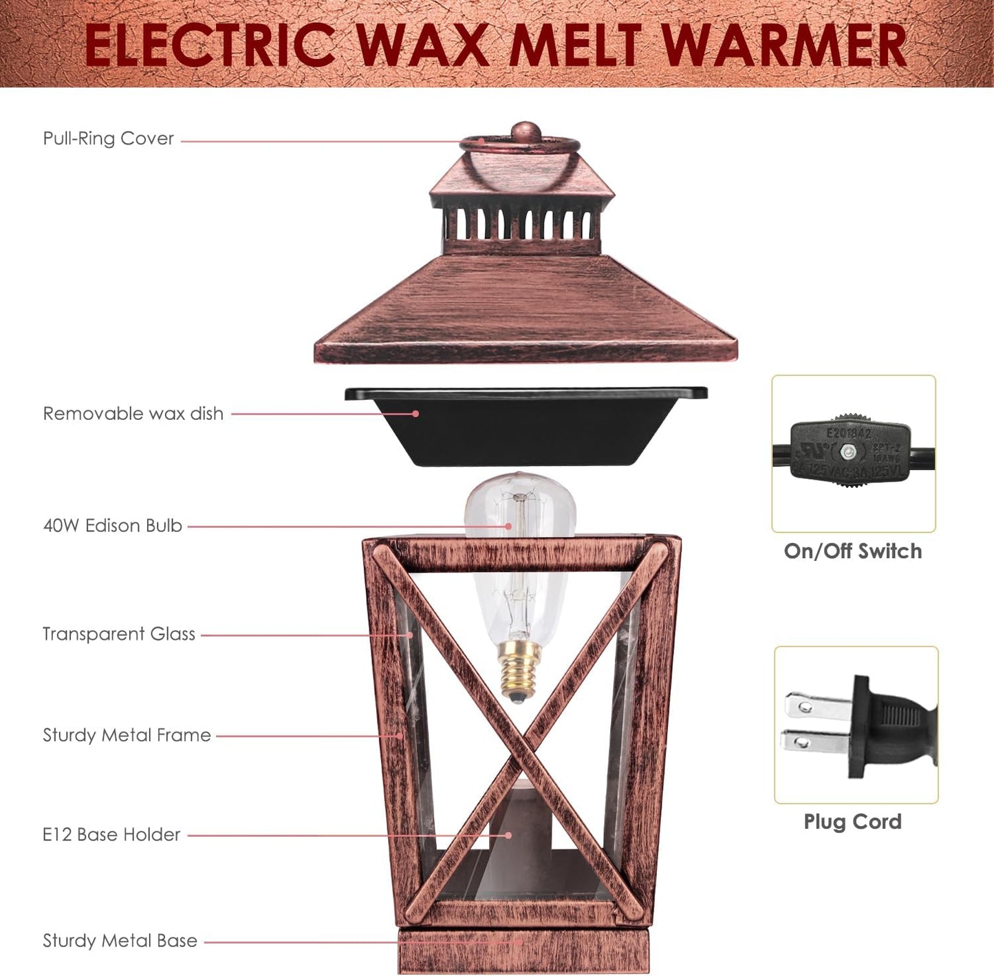 New Electric Wax Melt Warmer, Wax Burner with 40W Edison Bulb - Red Bronzed ARVIDSSON