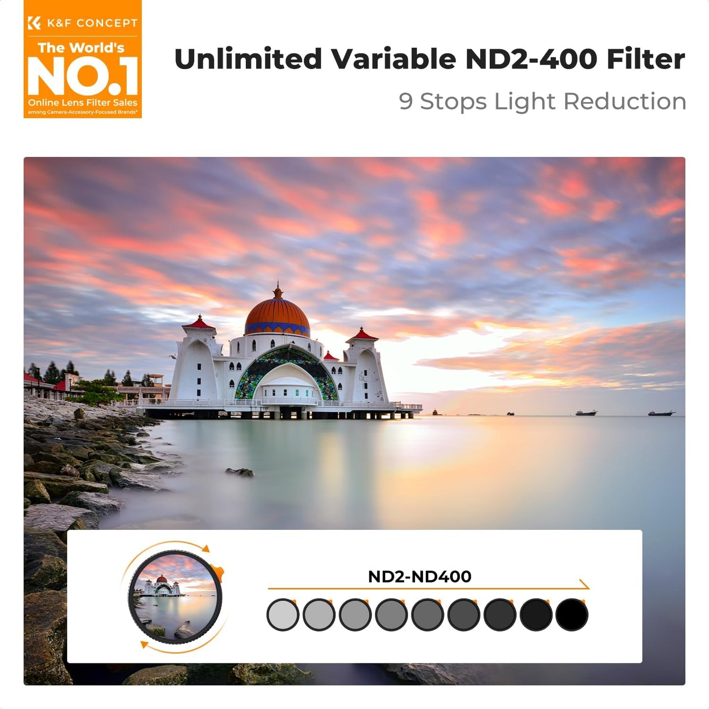 82mm Variable ND Filter ND2-ND400 (1-9 Stops), HD 28 Multi-Coated Glass, Nano-X, K&F Concept