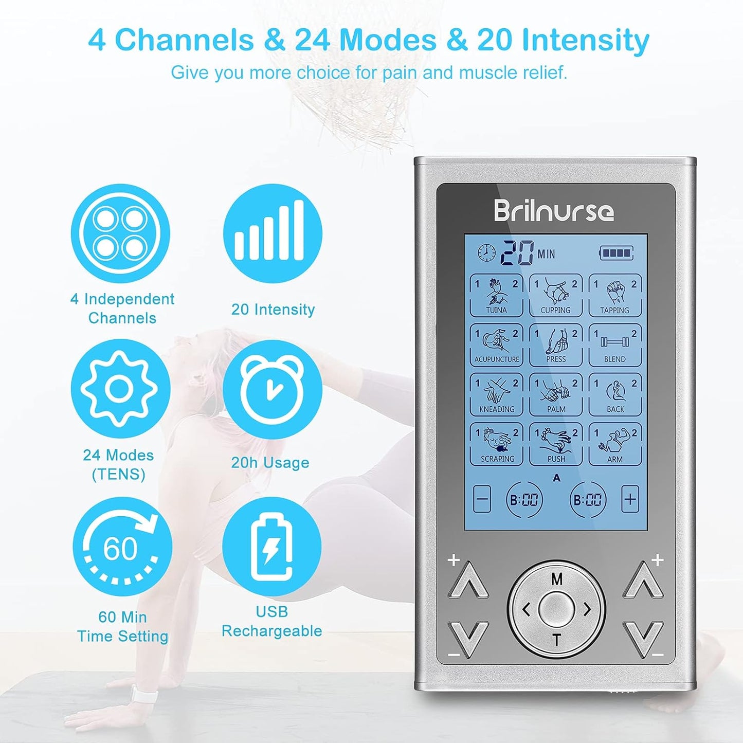 Brilnurse TENS Machine, 4 Outputs, Muscle Stimulator, Pain Relief, 24 Modes, 16 Electrode Pads