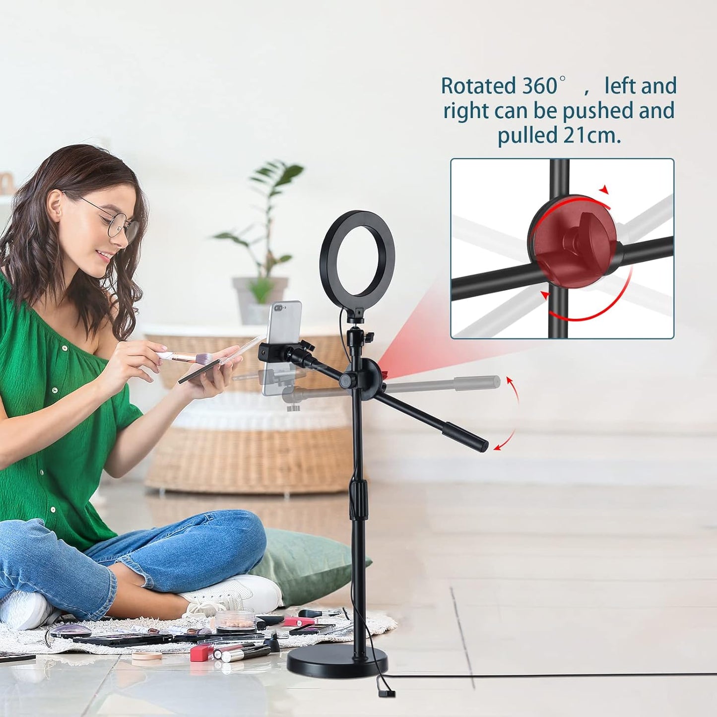 Live Streaming Phone Stand w/ 6" Ring Light, Adjustable Height & Angle, 2 Modes, Hivexagon