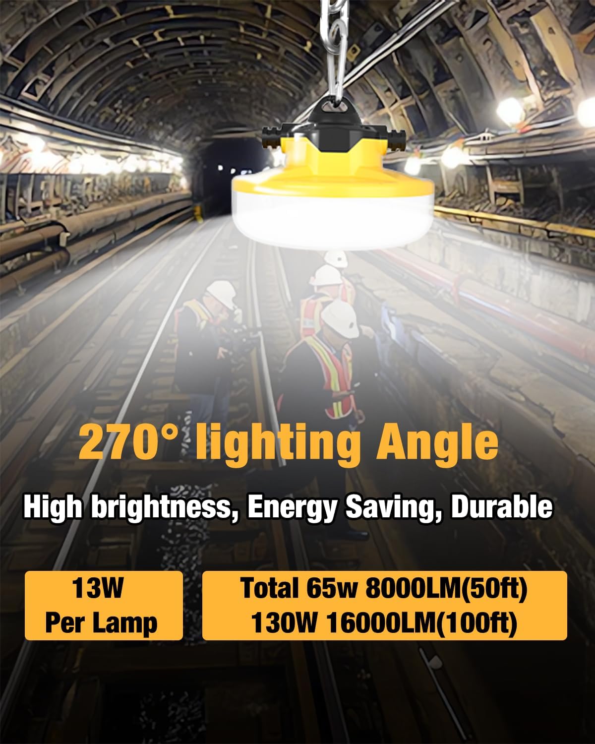 LED Construction String Lights, 100FT, 16000Lm, Industrial Grade, 10 Bulbs, 5000K, JC-LGL