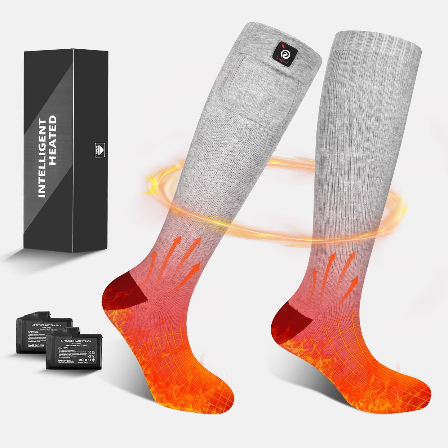 New Sunwill Heated Socks Gray Size L, 7.4V 2200mah Rechargeable Battery, Winter, for Hunting, Skiing, Camping