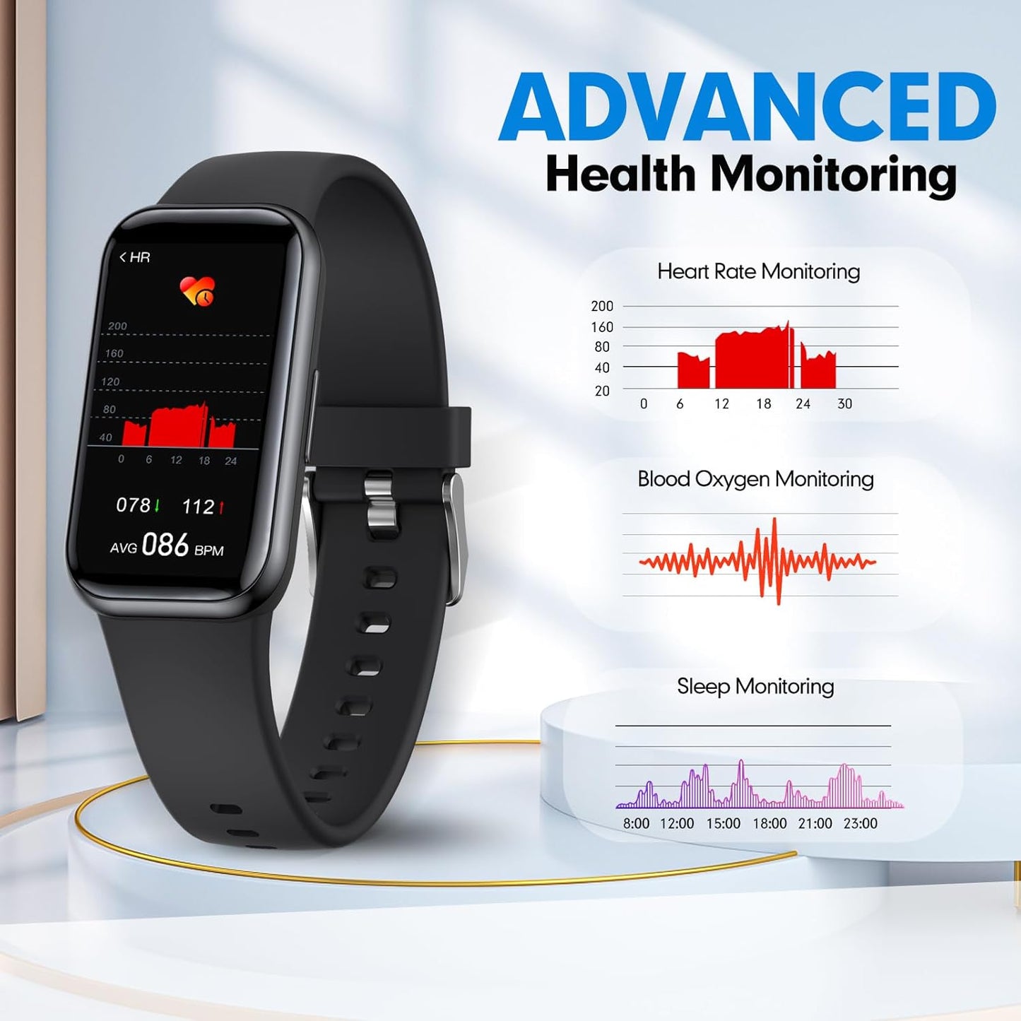 meoonley Fitness Tracker Watch, Waterproof, Heart Rate, Blood Oxygen, Sleep Monitor