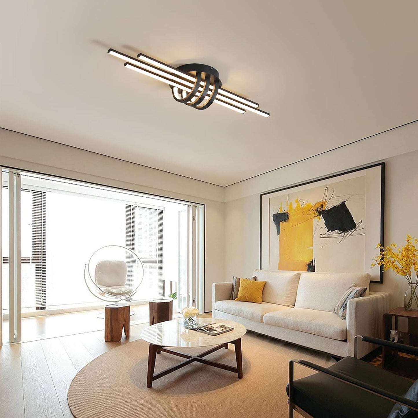 Garwarm 40W Dimmable LED Ceiling Light, Semi Flush Mount, Geometric Black Chandelier, Remote