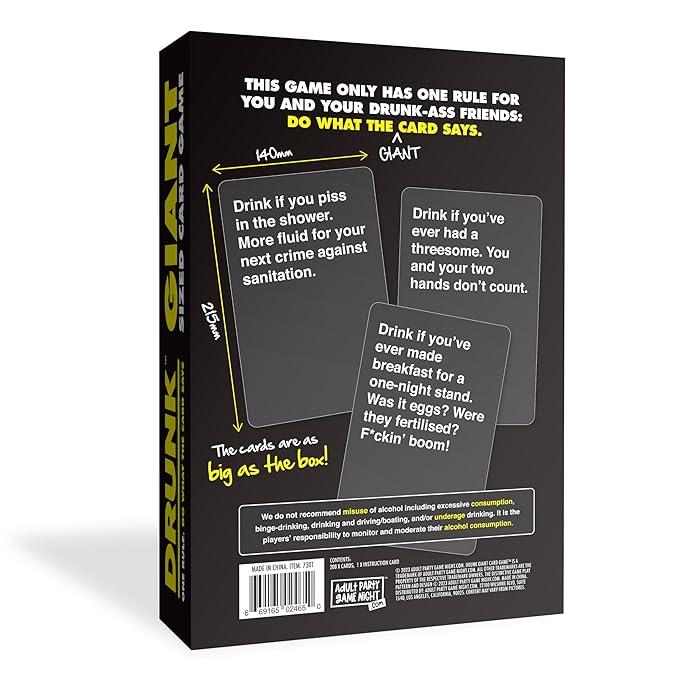 Drunk Giant Sized Card Game : Do What The Card Says, Ages 18+, Players 2 To Whatever