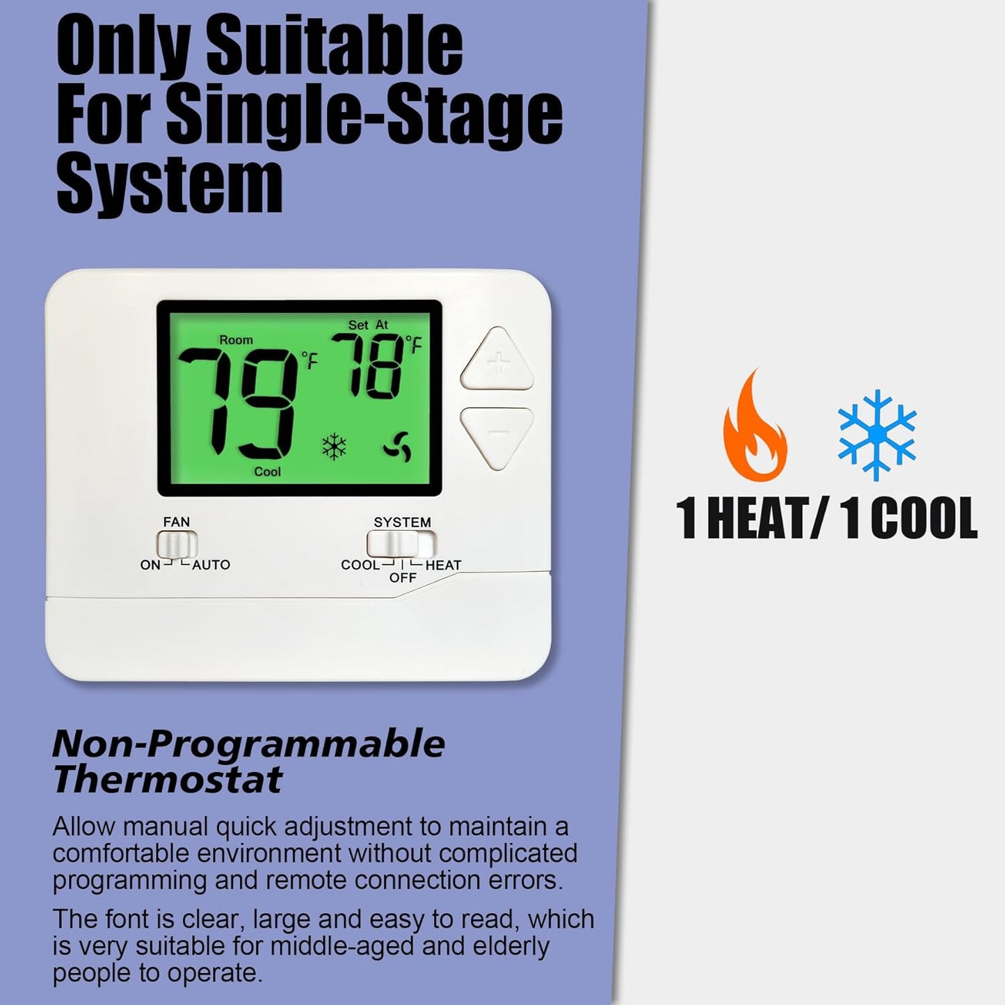 Heagstat Non-Programmable Thermostats for Home Single-Stage 1 Heat/ 1 Cool (with Green Backlight)