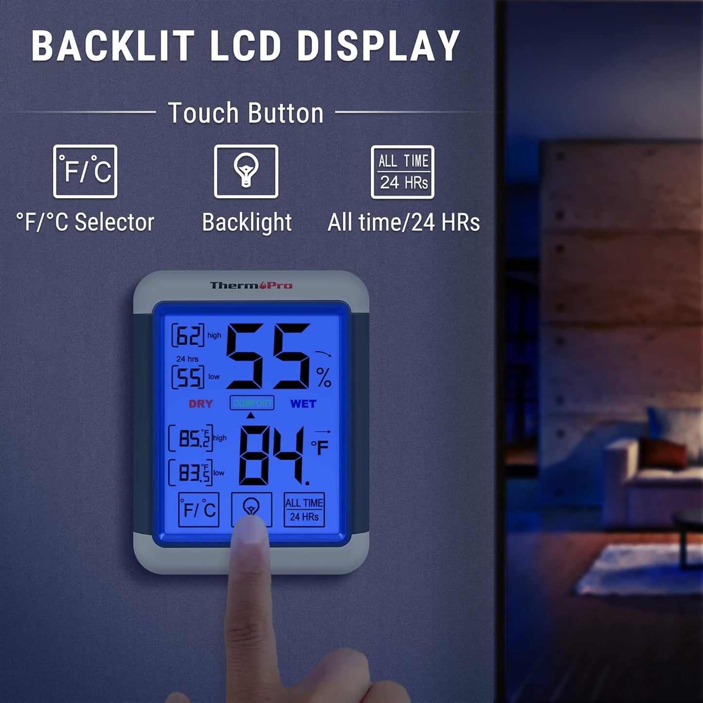 Digital Indoor Thermometer & Hygrometer, Jumbo Touchscreen, Backlight, TP55, ThermoPro