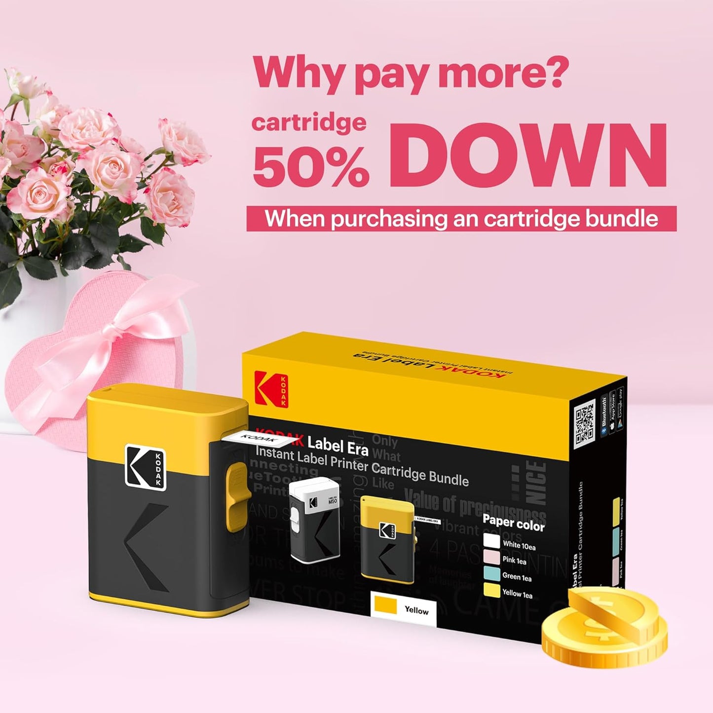New KODAK Label ERA M50 Label Maker Bundle, Yellow, with 13 Rolls