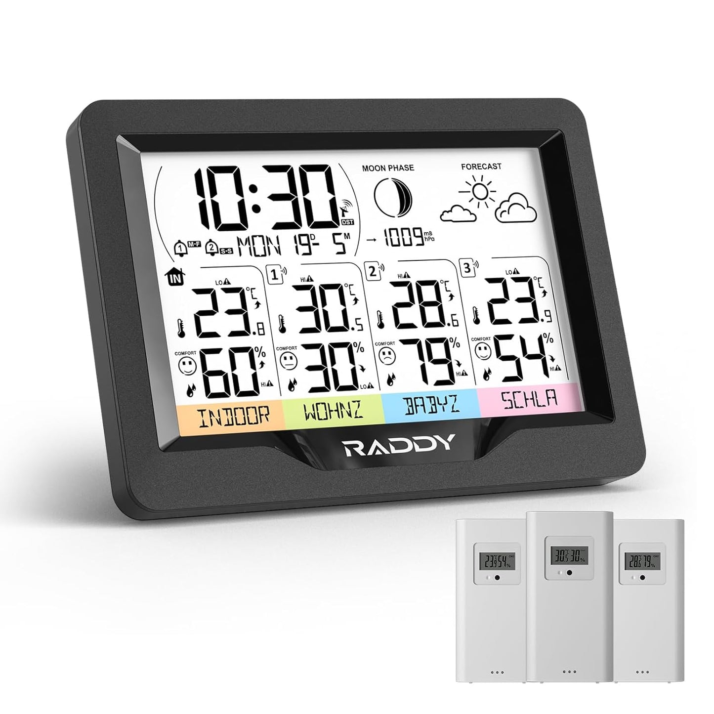 Wireless Weather Station with 3 Sensors, Indoor/Outdoor Temp & Humidity, Forecast Clock, Raddy