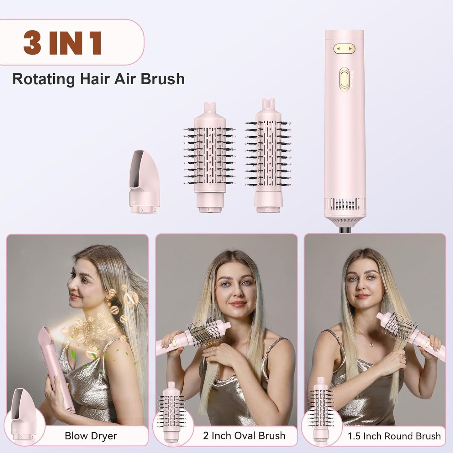 New 3-in-1 Rotating Hair Dryer Brush, Spinning, Detachable Heads (2"&1.5"), 3H/2S, Curl/Straight
