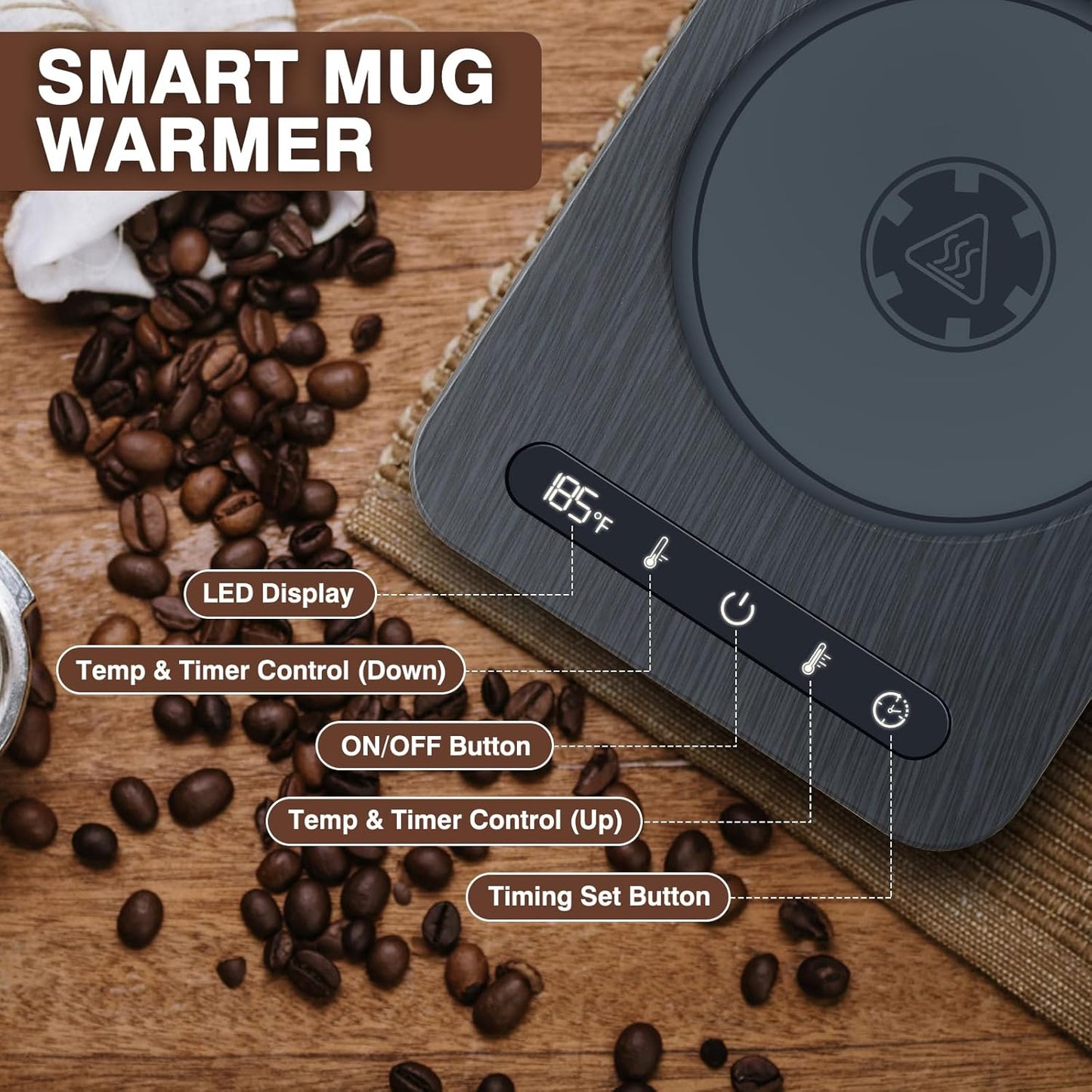 Smart Coffee Mug Warmer w/ Auto Shut Off, 4 Temp Settings, 1-12H Timer, Black Wood Grain