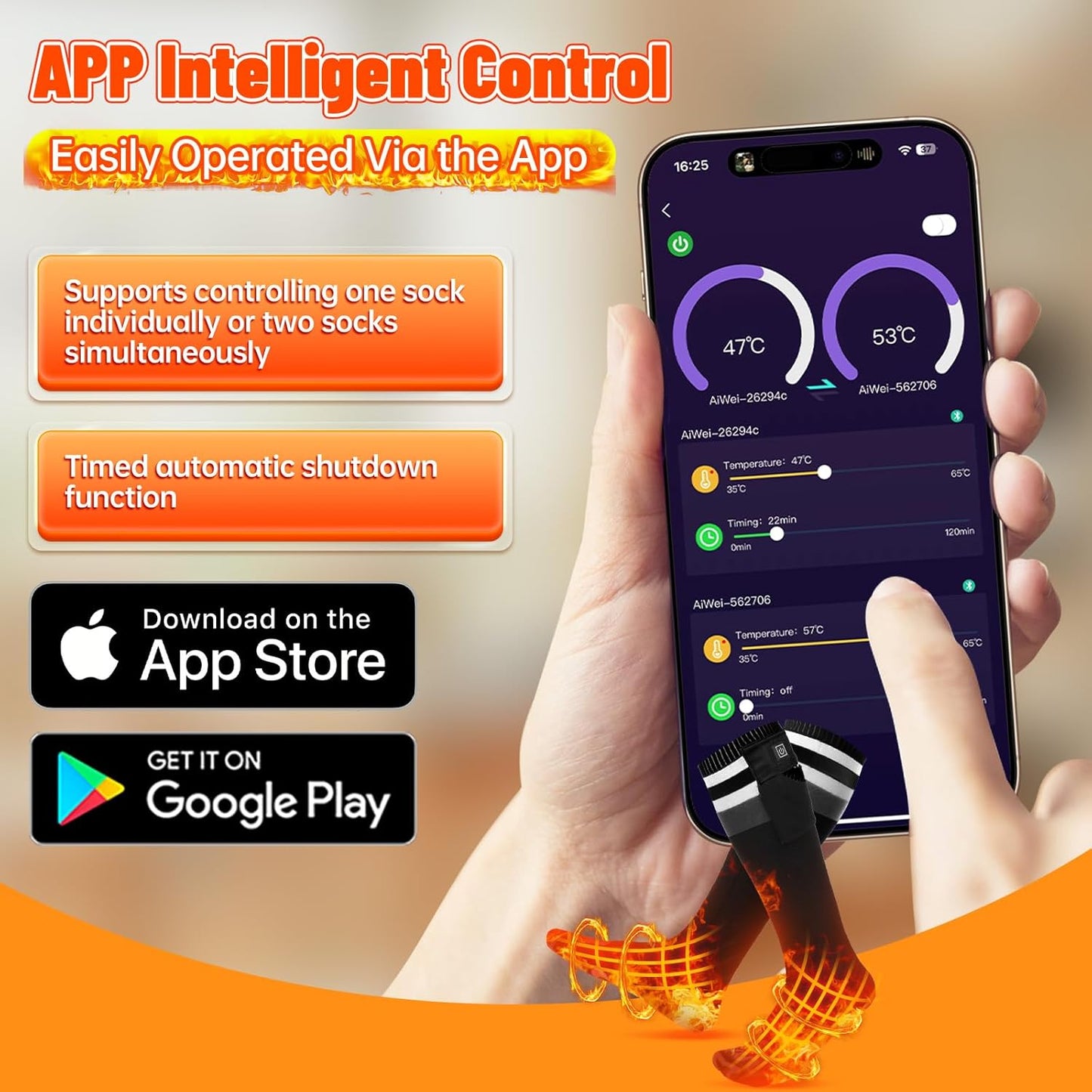New Heated Socks, APP Control, 3000mAh, 17H Heating, 5-Level Temp, Black M, Aotomee