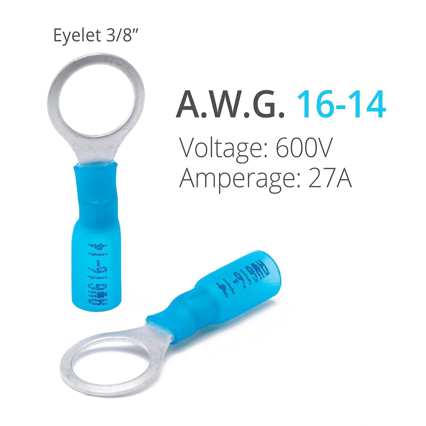 130 PCS Heat Shrink Ring Terminals, Marine Grade, #10 Spade Terminals, Blue 16-14 Gauge, Wirefy