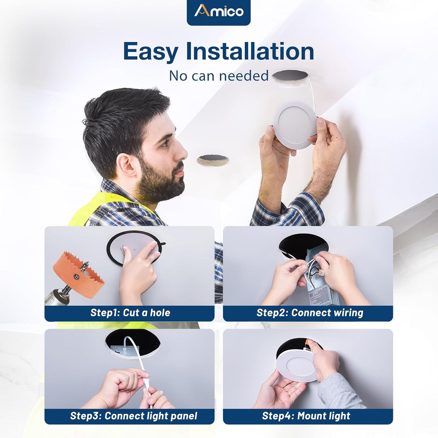 4 Pack 4 Inch Ultra-Thin LED Recessed Light with Junction Box, 2.7k-5k, 700LM, Dimmable, Amico
