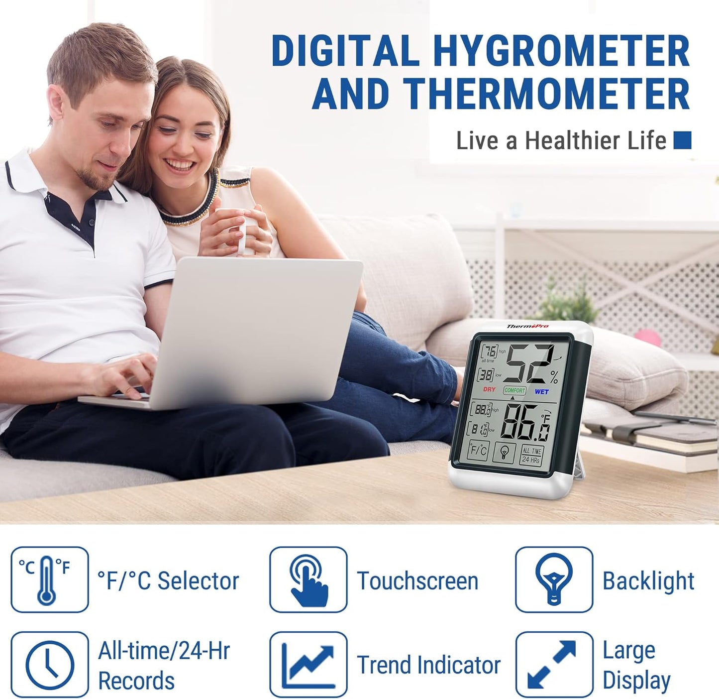 Digital Indoor Thermometer & Hygrometer, Jumbo Touchscreen, Backlight, TP55, ThermoPro