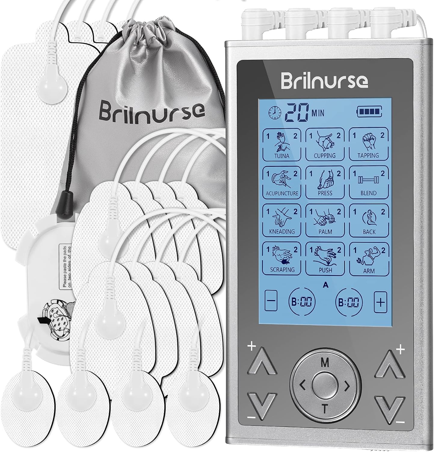 Brilnurse TENS Machine, 4 Outputs, Muscle Stimulator, Pain Relief, 24 Modes, 16 Electrode Pads