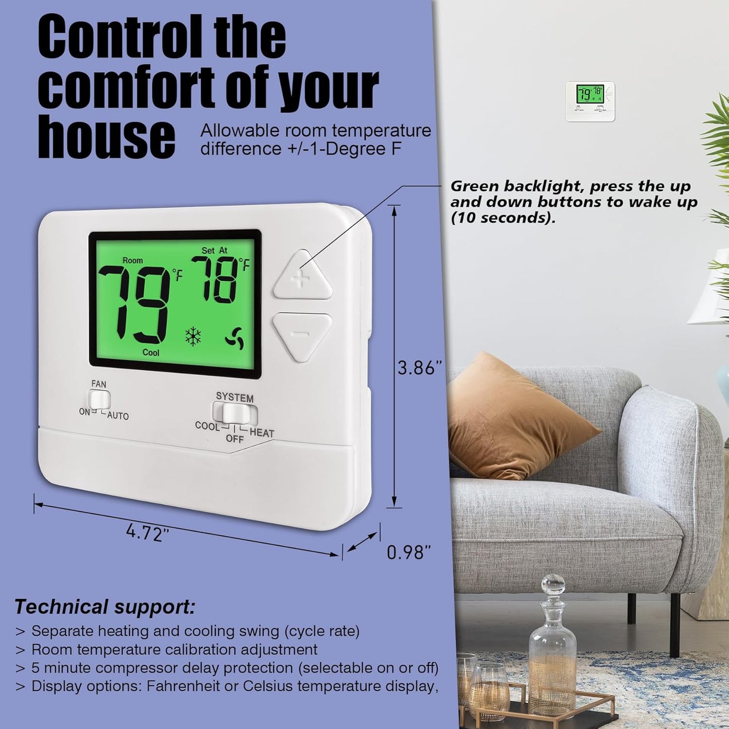 Heagstat Non-Programmable Thermostats for Home Single-Stage 1 Heat/ 1 Cool (with Green Backlight)