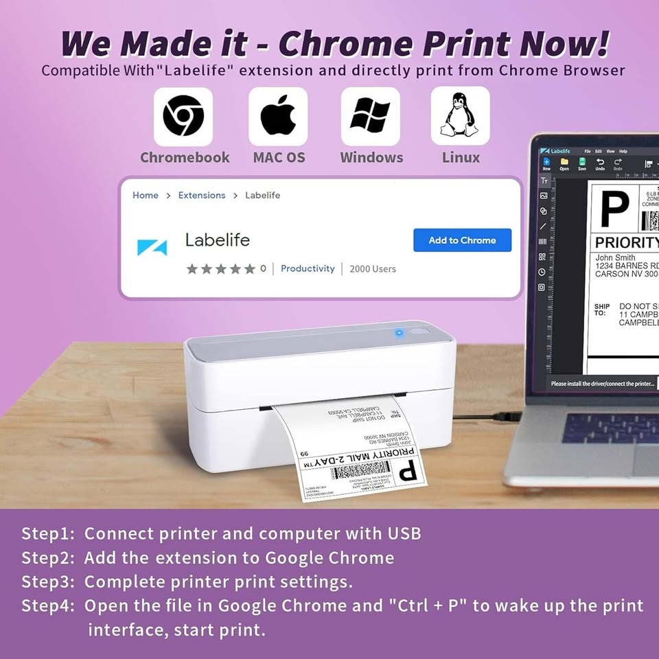 Bluetooth Thermal Label Printer, 4x6 Shipping Labels, for Small Business