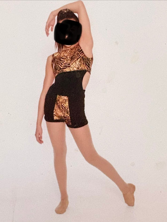 Dance Costume - Adult Small - New Tiger Print One Piece with Open Back, Black and Gold