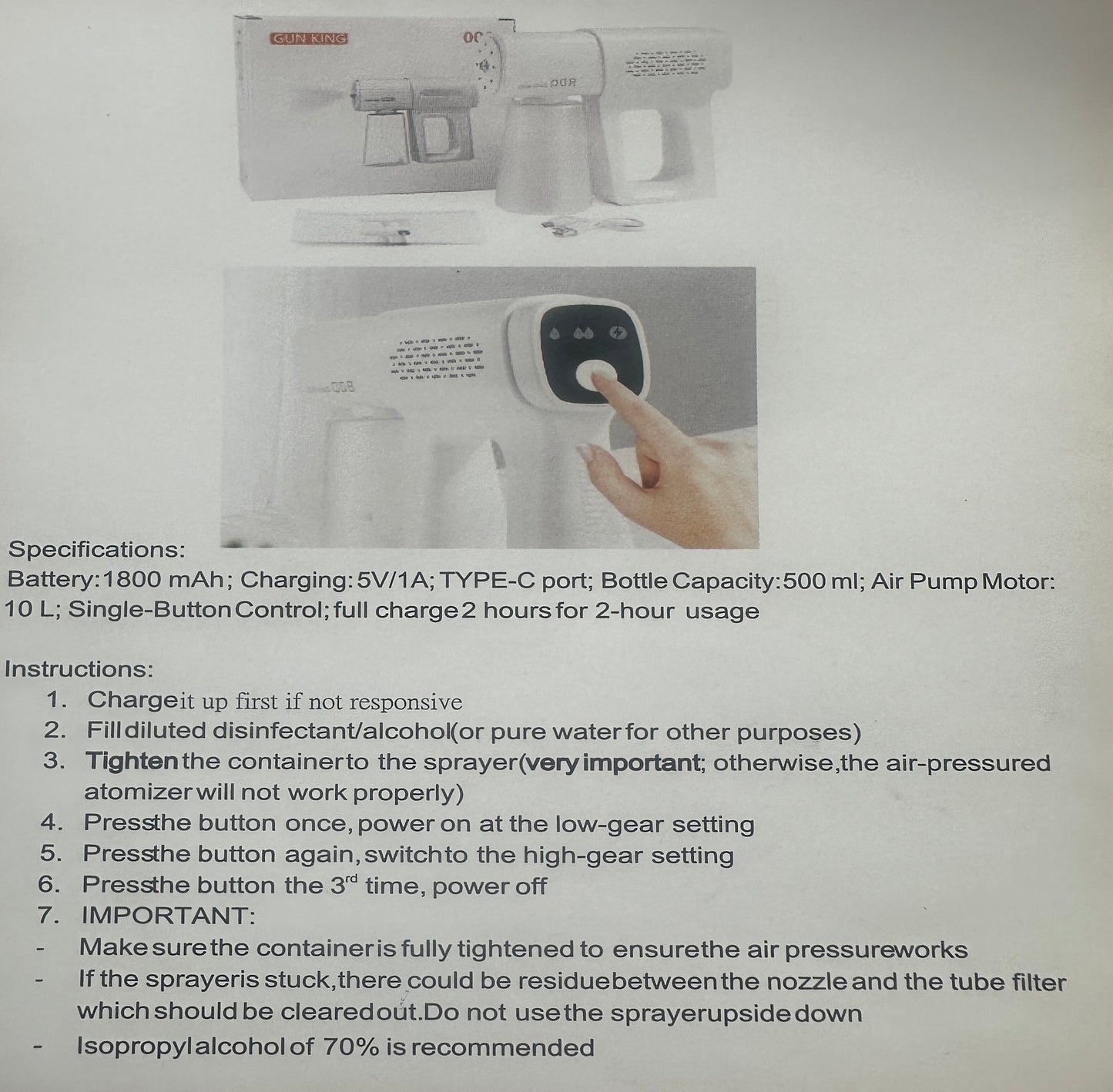 New Portable Disinfectant Sprayer, 500ML, Cordless Fogger, USB, 8th Gen