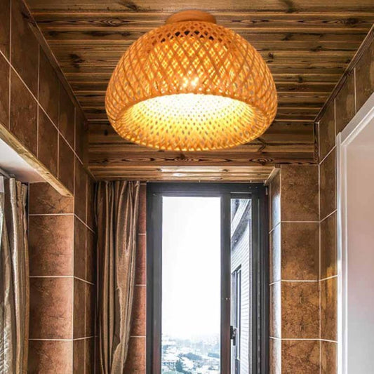 Hand-Woven Double Layer Bamboo Dome Lampshade, Wicker Rattan, Asian Rustic Japanese Design