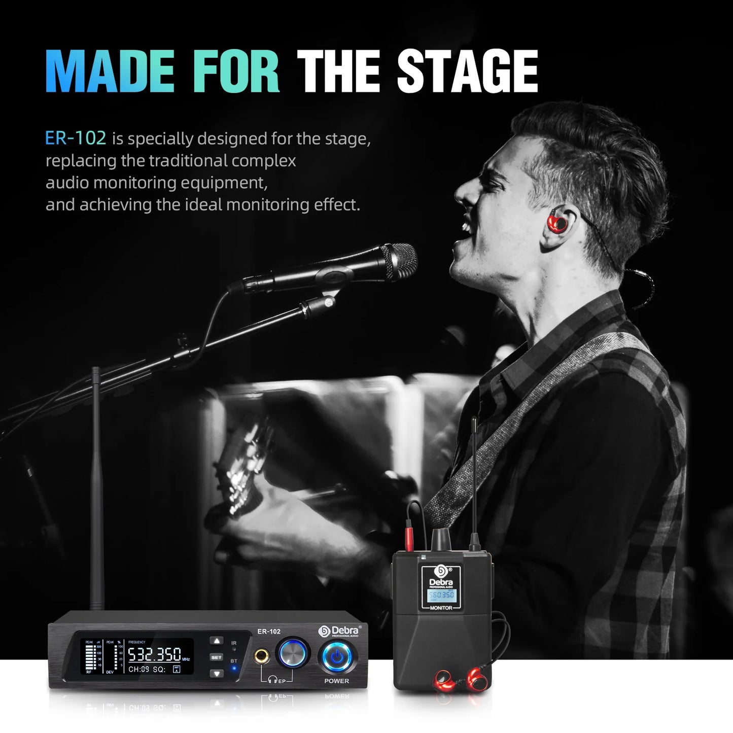 UHF Dual Channel Wireless In-Ear Monitor System for Stage Musicians, PRO ER-102, D Debra Audio