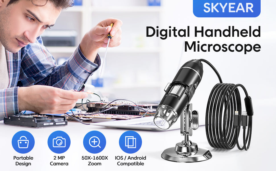 SKYEAR USB Digital Microscope - 50X-1600X, for iOS/Android, 8 LED Lights, Portable Camera