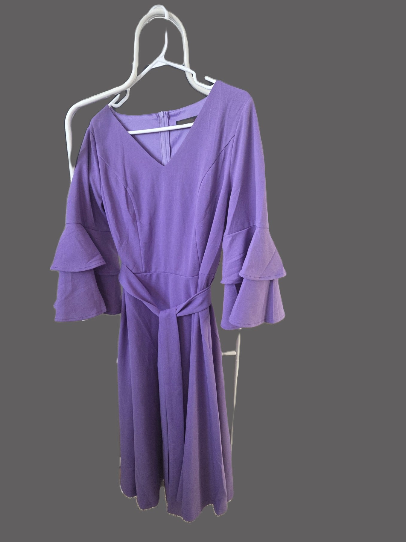 Size L V-Neck Cocktail Dress, Ruffle Bell Sleeves, Formal Modest Dress, DRESSTELLS