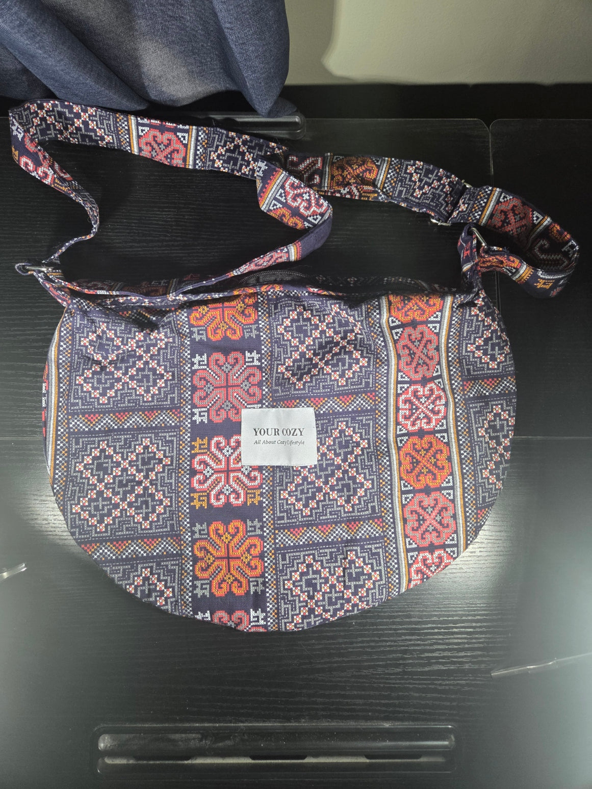 Crescent Crossbody Bag for Women, Large Boho Cotton, Lightweight, Zipper