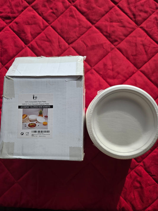 100-Pack 7" Disposable Plates, Compostable Sugarcane Bagasse, Microwave & Freezer Safe, Sturdy